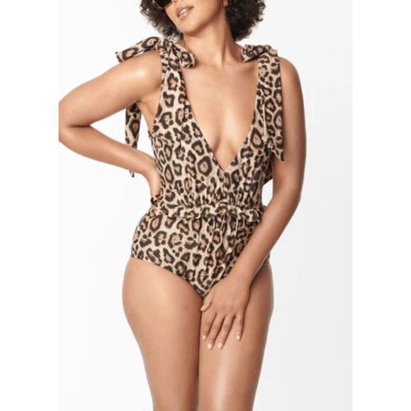 Unique Vintage Leopard Plunge One-Piece Swimsuit 3X | Tie Shoulder | Plus Size - Picture 1 of 4